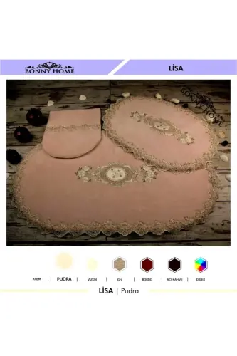 Powder Lisa 3 Pcs Dowry French Lace Appliqued Toilet Set Bathroom Rug Mat Set-Powder - 3