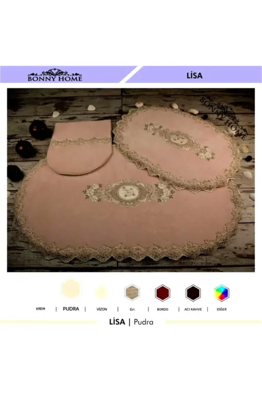 Powder Lisa 3 Pcs Dowry French Lace Appliqued Toilet Set Bathroom Rug Mat Set-Powder - 3