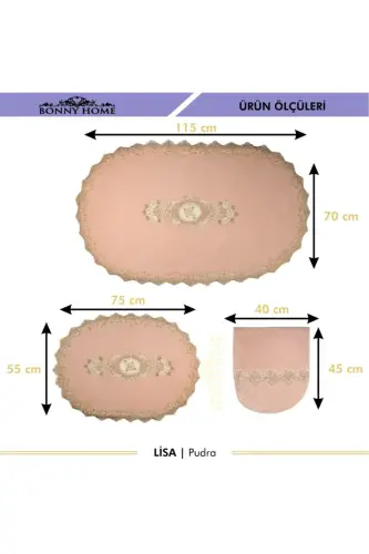 Powder Lisa 3 Pcs Dowry French Lace Appliqued Toilet Set Bathroom Rug Mat Set-Powder - 4