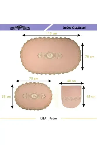 Powder Lisa 3-Piece Dowry French Lace Applique Toilet Set Bathroom Rug Mat Set-Powder - 4