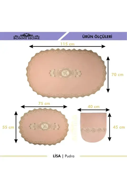 Powder Lisa 3-Piece Dowry French Lace Applique Toilet Set Bathroom Rug Mat Set-Powder - 4