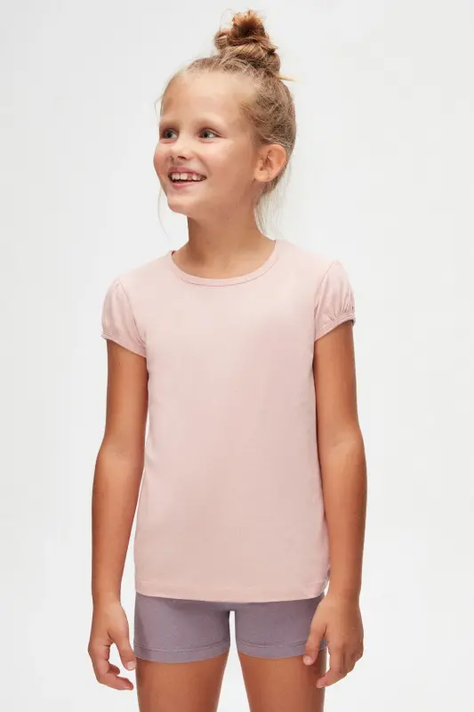 POWDER PINK Basic Girl's Crew Neck Cap Sleeve T-Shirt - 2