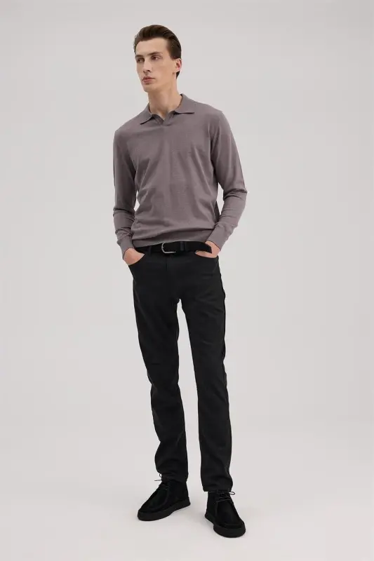 Powder Pink Slim Fit Polo Neck Knit Sweater - JAKAMEN