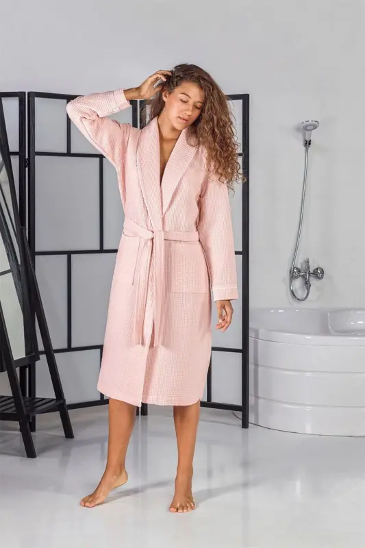 Powder Pink Soho Pique Bathrobe - Unisex Absorbent And Soft Bathrobe Model - L/xl-Powder - 1