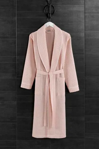 Powder Pink Soho Pique Bathrobe - Unisex Absorbent And Soft Bathrobe Model - L/xl-Powder - DENİZLİ CONCEPT (1)