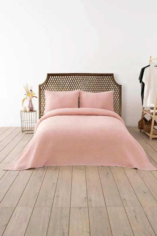Powder Pink Waffle Double Bedspread Set - Soft and Comfortable Multi-Purpose Cover - 3 Pieces-Powder - 1