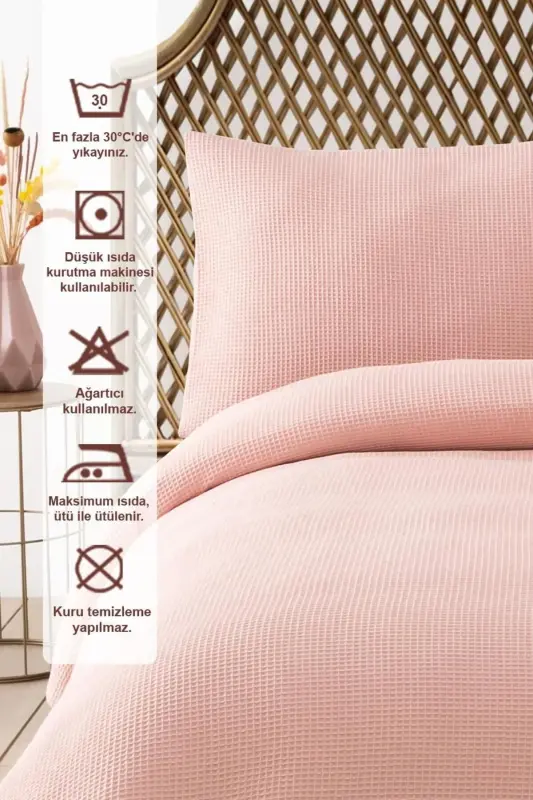Powder Pink Waffle Double Bedspread Set - Soft and Comfortable Multi-Purpose Cover - 3 Pieces-Powder - 3