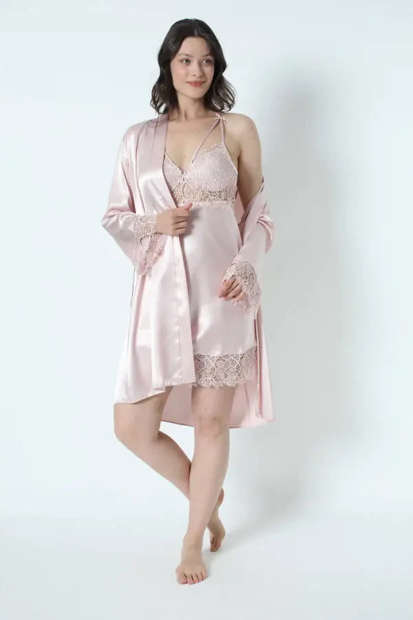 Powder Satin Nightgown Robe Pajama Set Shorts Set 6-piece Bridal Dowry Set 8670 - 1