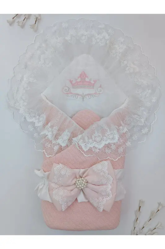 Powder Tricot Knit Baby Blanket Swaddle Lace Newborn Hospital Outfit Gift-SALMON - 2