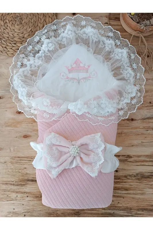 Powder Tricot Knit Baby Blanket Swaddle Lace Newborn Hospital Outfit Gift-SALMON - 3
