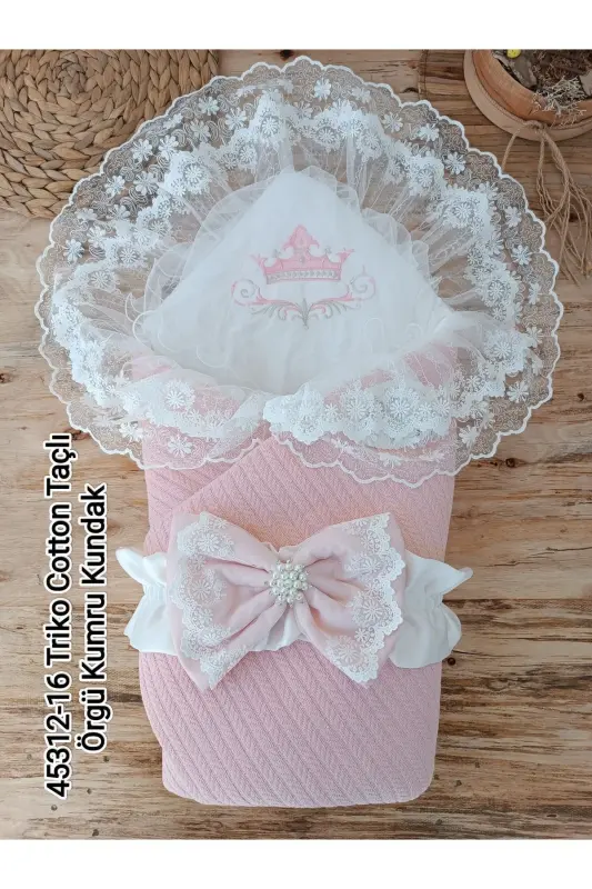 Powder Tricot Knit Baby Blanket Swaddle Lace Newborn Hospital Outfit Gift-SALMON - 6