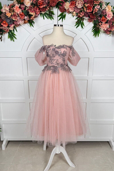 Powdered Glitter and Colorful Three Dimensional Lace Detailed Midi Length Evening Dress - LENTA MODA