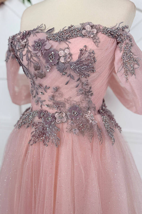 Powdered Glitter and Colorful Three Dimensional Lace Detailed Midi Length Evening Dress - 2