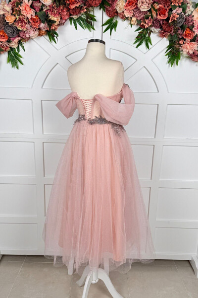 Powdered Glitter and Colorful Three Dimensional Lace Detailed Midi Length Evening Dress - 3