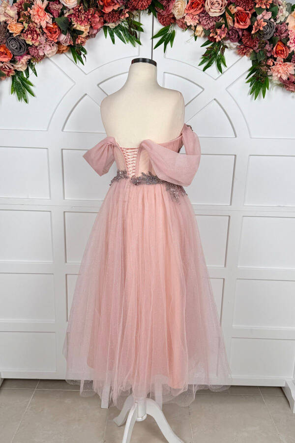 Powdered Glitter and Colorful Three Dimensional Lace Detailed Midi Length Evening Dress - 3