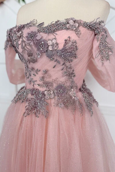 Powdered Glitter and Colorful Three Dimensional Lace Detailed Midi Length Evening Dress - Modazone (1)