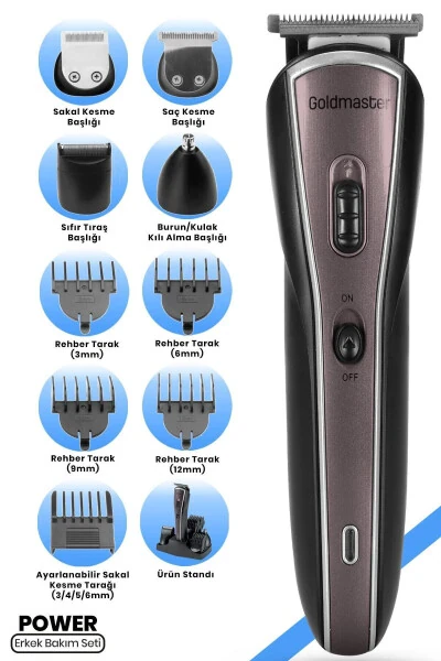 Power Kablolu Kablosuz Paslanmaz Çelik 11 In 1 Full Standlı Erkek Bakım Seti - GOLDMASTER