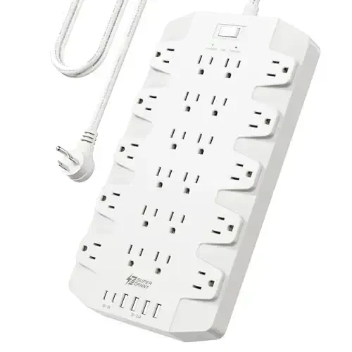 Power Strip, SUPERDANNY Surge Protector with 22 Outlets, 2 USB-C and 4 USB-A, 2100J, 6.5Ft Flat Plug Heavy Duty Extension Cord (1875W/15A), Wall Mountable for Home, Office, Dorm, Gaming Room, White - SUPERDANNY