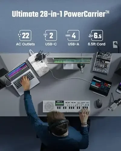 Power Strip, SUPERDANNY Surge Protector with 22 Outlets, 2 USB-C and 4 USB-A, 2100J, 6.5Ft Flat Plug Heavy Duty Extension Cord (1875W/15A), Wall Mountable for Home, Office, Dorm, Gaming Room, White - 2