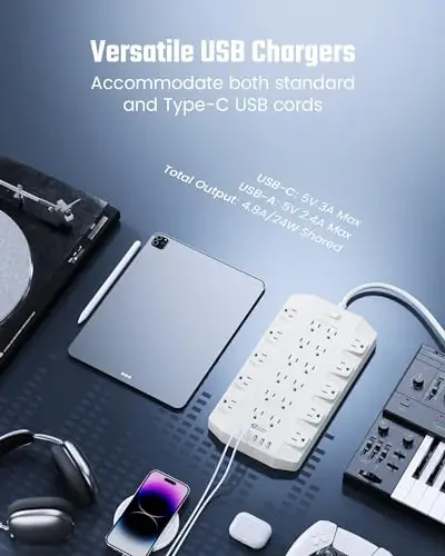 Power Strip, SUPERDANNY Surge Protector with 22 Outlets, 2 USB-C and 4 USB-A, 2100J, 6.5Ft Flat Plug Heavy Duty Extension Cord (1875W/15A), Wall Mountable for Home, Office, Dorm, Gaming Room, White - 4