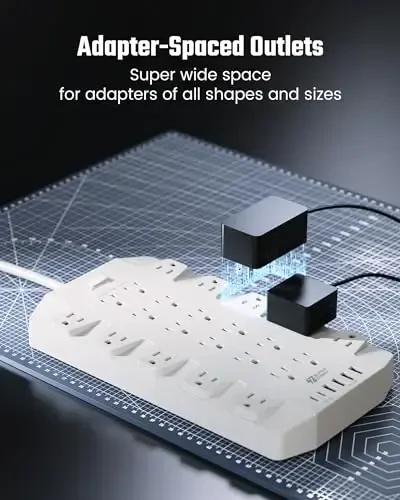 Power Strip, SUPERDANNY Surge Protector with 22 Outlets, 2 USB-C and 4 USB-A, 2100J, 6.5Ft Flat Plug Heavy Duty Extension Cord (1875W/15A), Wall Mountable for Home, Office, Dorm, Gaming Room, White - 3