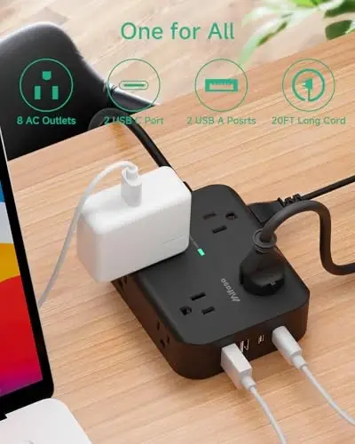 Power Strip Surge Protector 20FT - Flat Plug, Wall Mount, Desk Accessories | 8 Wide Outlets with 4 USB Ports (2 USB C), Extension Cord with Multiple Outlets, Office Supplies - MIFASO (1)