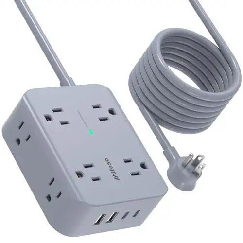 Power Strip Surge Protector - Flat Plug, Wall Mount, 8 Wide Outlets with 4 USB Ports (2 USB C), 5FT Heavy Duty Extension Cord with Multiple Outlets, Charging Station Home Dorm Office Accessories Gray 