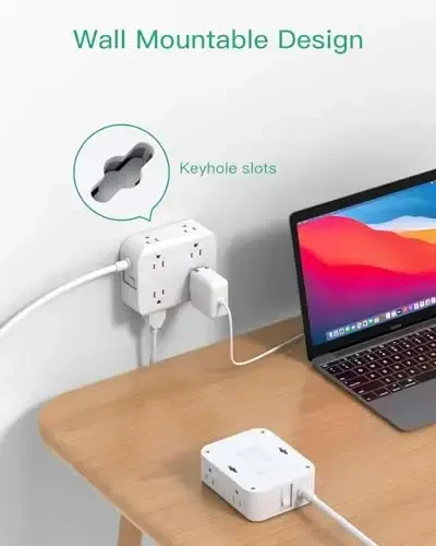 Power Strip Surge Protector - Yassi vilka, 8 ta keng rozetka, 4 ta USB port (1 ta USB C), 5FT og‘ir yuk ko‘taruvchi uzatma shnuri, ko‘p rozetkali, devorga o‘rnatish, uy yotoqxonasi uchun ortiqcha yukdan himoya qilish zaryadlash stantsiyasi - 5