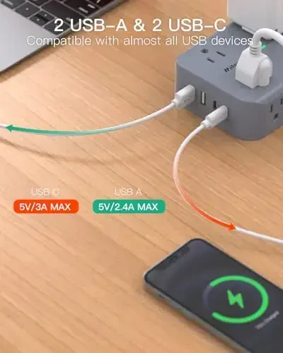 Power Strip Surge Protector - Yassi vilka, devorga o'rnatish, 8 ta keng rozetka, 4 ta USB porti (2 USB C), 5FT og'ir yukga mo'ljallangan uzatma kabeli, bir nechta rozetkali, zaryadlash stantsiyasi uy yotoqxonasi ofis aksessuarlari kulrang - 3