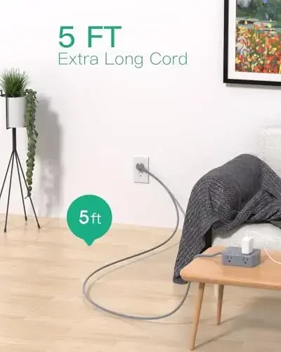 Power Strip Surge Protector - Yassi vilka, devorga o'rnatish, 8 ta keng rozetka, 4 ta USB porti (2 USB C), 5FT og'ir yukga mo'ljallangan uzatma kabeli, bir nechta rozetkali, zaryadlash stantsiyasi uy yotoqxonasi ofis aksessuarlari kulrang - 7