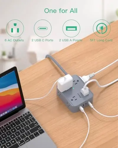Power Strip Surge Protector - Yassi vilka, devorga o'rnatish, 8 ta keng rozetka, 4 ta USB porti (2 USB C), 5FT og'ir yukga mo'ljallangan uzatma kabeli, bir nechta rozetkali, zaryadlash stantsiyasi uy yotoqxonasi ofis aksessuarlari kulrang - 2
