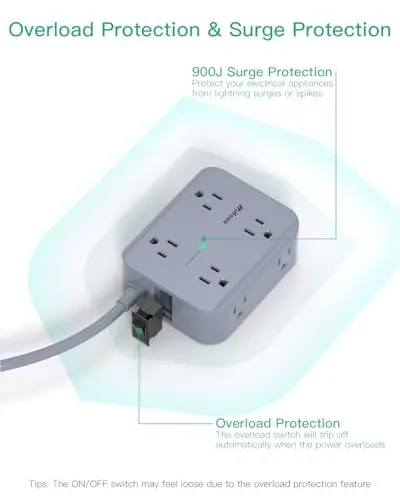 Power Strip Surge Protector - Yassi vilka, devorga o'rnatish, 8 ta keng rozetka, 4 ta USB porti (2 USB C), 5FT og'ir yukga mo'ljallangan uzatma kabeli, bir nechta rozetkali, zaryadlash stantsiyasi uy yotoqxonasi ofis aksessuarlari kulrang - 4