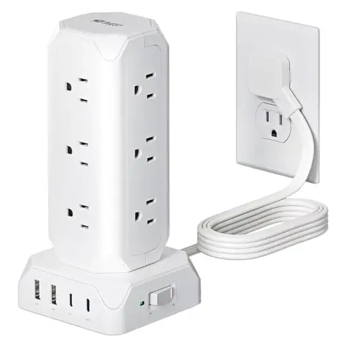 Power Strip Tower, SUPERDANNY 12 Outlets with 35W USB(2 USB-A & 2 USB-C) Charging Station, 1625W/13A, 1700J Surge Protector, 6.5ft Flat Plug Extension Cord with Multiple Outlets for Home, Office, Dorm - SUPERDANNY