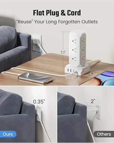 Power Strip Tower, SUPERDANNY 12 rozetka 35W USB (2 USB-A & 2 USB-C) zaryadlash stantsiyasi bilan, 1625W/13A, 1700J kuchlanishdan himoya, 6.5ft yassi vilka uzaytirgichi uy, ofis, yotoqxona uchun bir nechta rozetka bilan - 3