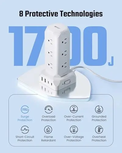Power Strip Tower, SUPERDANNY 12 rozetka 35W USB (2 USB-A & 2 USB-C) zaryadlash stantsiyasi bilan, 1625W/13A, 1700J kuchlanishdan himoya, 6.5ft yassi vilka uzaytirgichi uy, ofis, yotoqxona uchun bir nechta rozetka bilan - 4