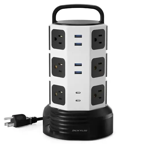 Power Strip Tower Surge Protector, JACKYLED 12 Outlets 6 USB (2 USB C) Charging Station, Extension Cord with Multiple Outlets, 1050J 1625W/13A Outlet Extender 6.5ft Extension Cord for Home Office - 1