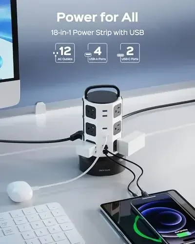 Power Strip Tower Surge Protector, JACKYLED 12 Outlets 6 USB (2 USB C) Charging Station, Extension Cord with Multiple Outlets, 1050J 1625W/13A Outlet Extender 6.5ft Extension Cord for Home Office - 2