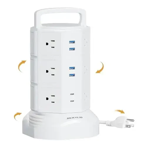 Power Strip Tower Surge Protector, JACKYLED 12 Outlets 6 USB (2 USB C) Charging Station, Extension Cord with Multiple Outlets, 1050J 1625W/13A Outlet Extender 6.5ft Extension Cord for Home Office - 3