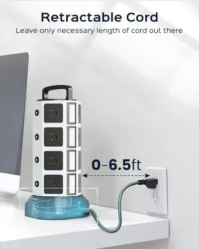 Power Strip Tower Surge Protector - JACKYLED 16 AC Outlets(13A) 6 USB Ports Electric Charging Station, 1050J Surge Electric Tower, 1625W Outlet Extender, 6.5ft Heavy Duty Extension Cord for Home - 3