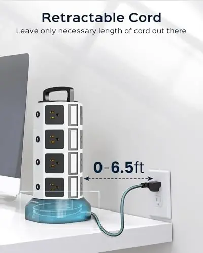 Power Strip Tower Surge Protector - JACKYLED 16 AC Outlets(13A) 6 USB Ports Electric Charging Station, 1050J Surge Electric Tower, 1625W Outlet Extender, 6.5ft Heavy Duty Extension Cord for Home - 3