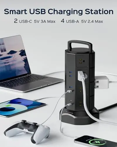 Power Strip Tower Surge Protector, JACKYLED 16 Outlets 6 USB (2 USB C) Charging Station, Extension Cord with Multiple Outlets, 1050J 1625W/13A Outlet Extender 6.5ft Extension Cord for Home Office - 2
