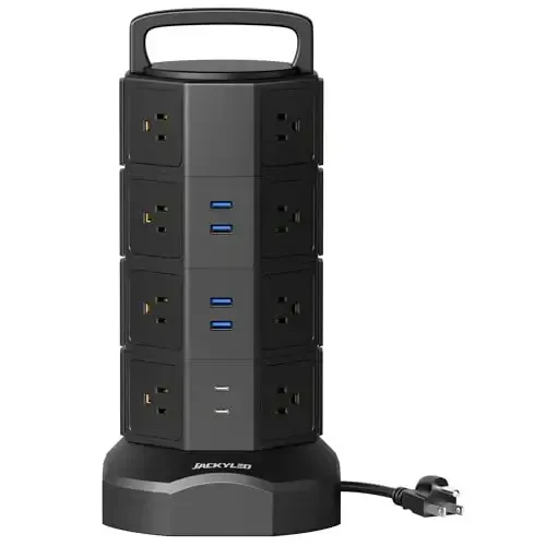 Power Strip Tower Surge Protector, JACKYLED 16 Outlets 6 USB (2 USB C) Charging Station, Extension Cord with Multiple Outlets, 1050J 1625W/13A Outlet Extender 6.5ft Extension Cord for Home Office - 6