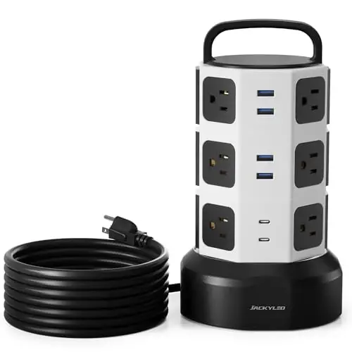 Power Strip Tower Surge Protector, JACKYLED 1625W 13A Outlet Surge Electric Tower, 12 Outlets 6 USB Ports Charging Station with 16AWG 15ft Heavy Duty Extension Cord for Home Office Dorm 