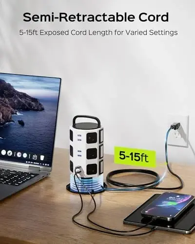 Power Strip Tower Surge Protector, JACKYLED 1625W 13A Outlet Surge Electric Tower, 12 Outlets 6 USB Ports Charging Station with 16AWG 15ft Heavy Duty Extension Cord for Home Office Dorm - 3