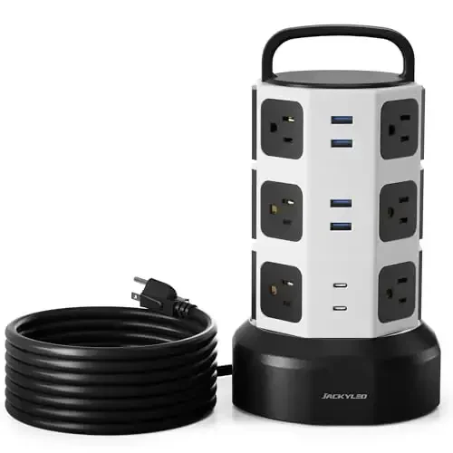 Power Strip Tower Surge Protector, JACKYLED 1625W 13A Outlet Surge Electric Tower, 12 Outlets 6 USB Ports Charging Station with 16AWG 15ft Heavy Duty Extension Cord for Home Office Dorm - JACKYLED