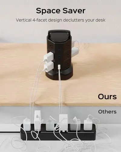 Power Strip Tower Surge Protector, JACKYLED 1625W 13A Outlet Surge Electric Tower, 12 Outlets 6 USB Ports Charging Station with 16AWG 6.5ft Heavy Duty Extension Cord for Home Office Dorm Black - 5