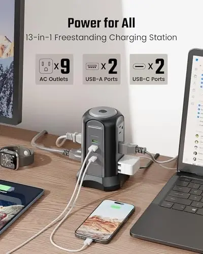 Power Strip Tower Surge Protector, SUPERDANNY Desktop Charging Station, 10 Ft Extension Cord, 9 Outlets, 4 USB Ports, 1080 Joules, 3-Prong, Grounded, Multiple Protections for Home, Office, Black - 3