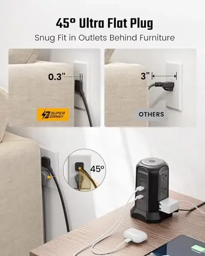 Power Strip Tower Surge Protector, SUPERDANNY Desktop Charging Station, 10 Ft Extension Cord, 9 Outlets, 4 USB Ports, 1080 Joules, 3-Prong, Grounded, Multiple Protections for Home, Office, Black - 5