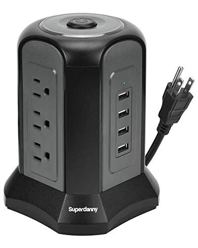 Power Strip Tower Surge Protector, SUPERDANNY Desktop Charging Station, 10 Ft Extension Cord, 9 Outlets, 4 USB Ports, 1080 Joules, 3-Prong, Grounded, Multiple Protections for Home, Office, Black - 13