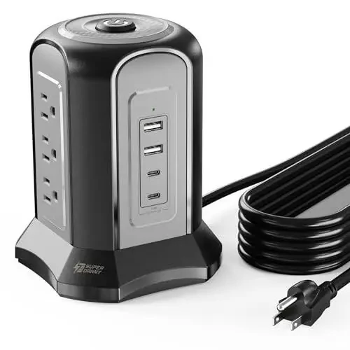 Power Strip Tower Surge Protector, SUPERDANNY Desktop Charging Station, 10 Ft Extension Cord, 9 Outlets, 4 USB Ports, 1080 Joules, 3-Prong, Grounded, Multiple Protections for Home, Office, Black - 7